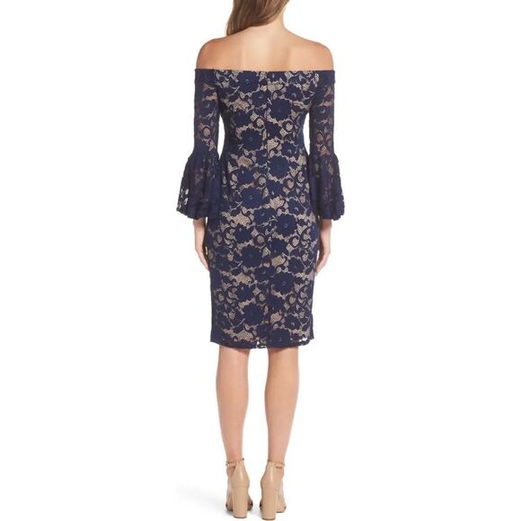 Eliza J Bubble Bell Sleeve Off the Shoulder Lace Navy Blue Sheath Dress 0 NWT - Picture 2 of 5